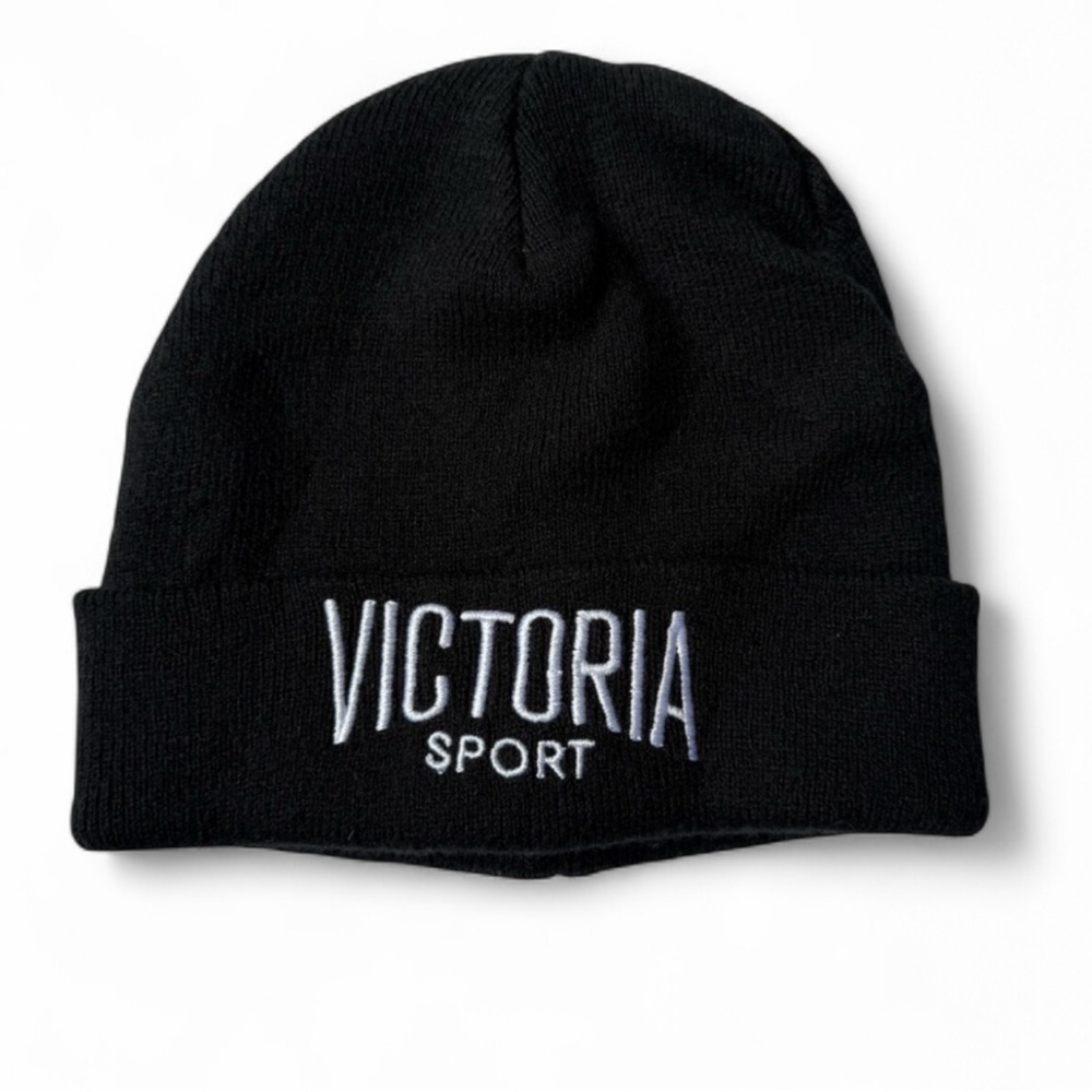 Victoria Sport Black Knit Beanie Hat Cuffed Logo Winter OS Acrylic Cozy Warm